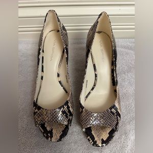 Via Spiga Snakeskin Peep Toe Heels